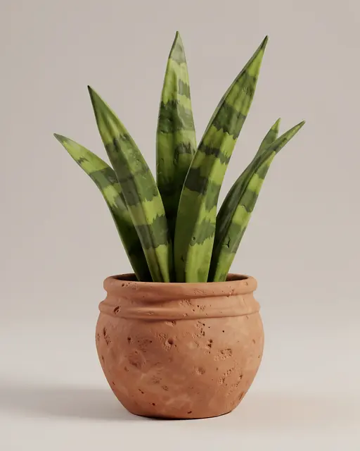 Clay-rendered snake plant sits in a textured terracotta ceramic pot against a neutral plain background