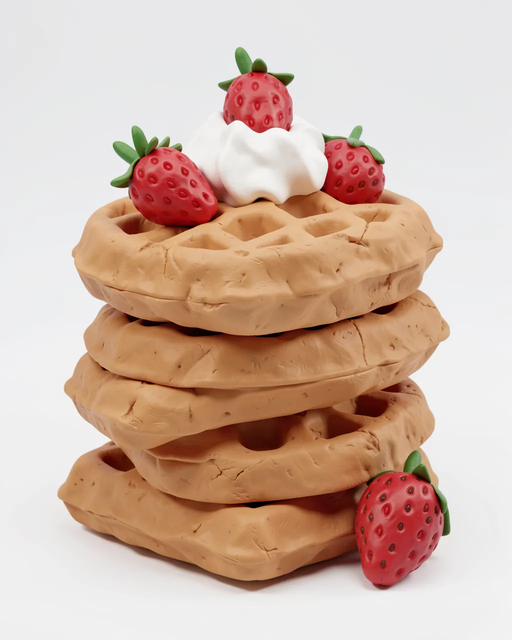 3D clay render of a stack of waffles topped with whipped cream and strawberries against a plain light background