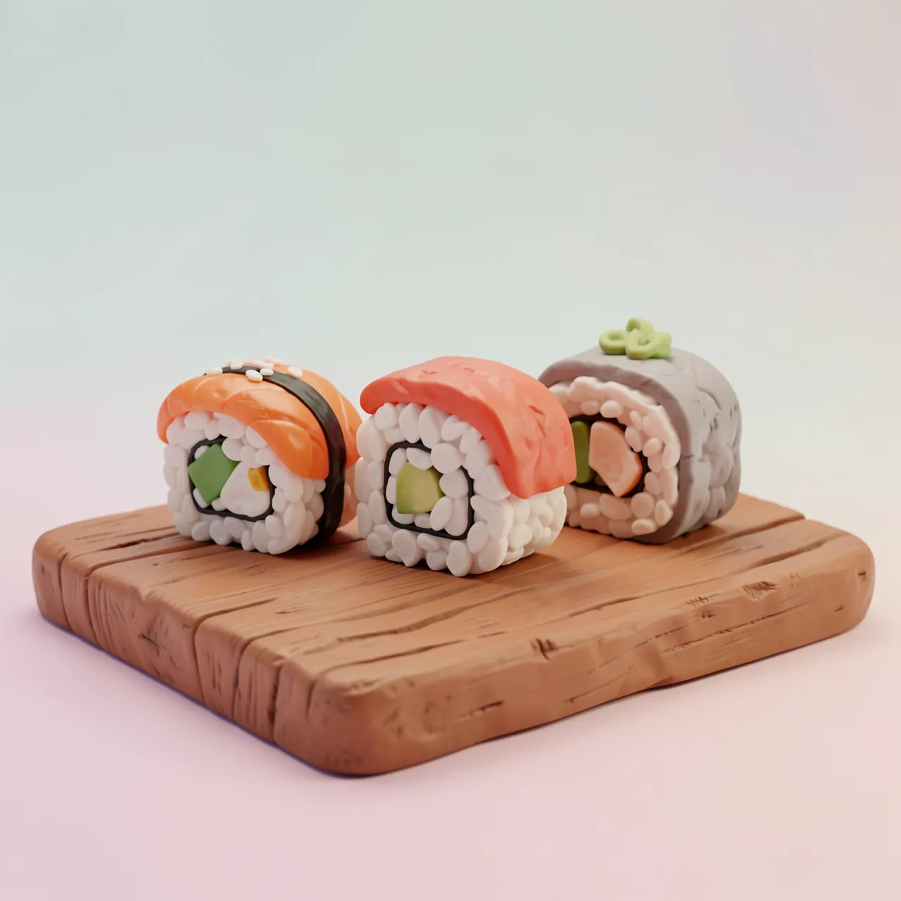 Three clay-rendered sushi pieces rest on a wooden board against a soft pastel gradient background