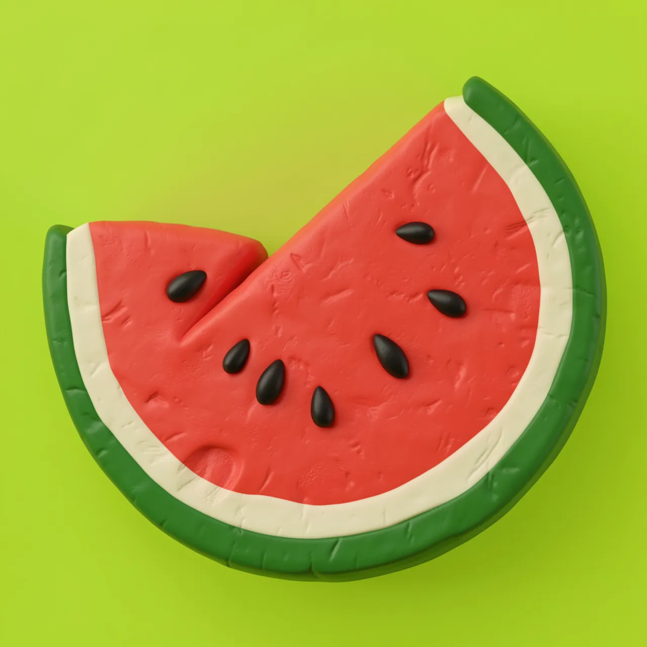 Textured clay 3D render of a watermelon slice with seeds against a bright lime green background