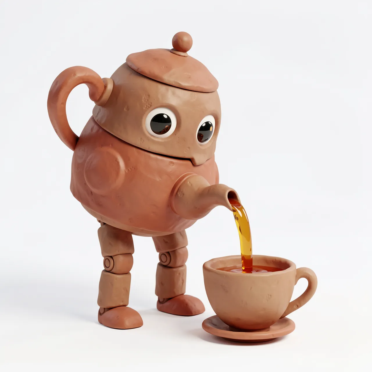 Cute clay-style teapot robot pours amber tea into a clay teacup on a plain white background