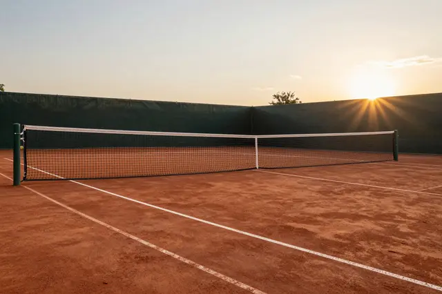 Empty outdoor clay tennis court with a net beneath warm golden sunset light