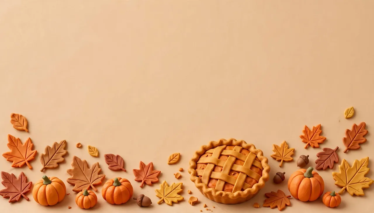 3D clay craft fall decor including pumpkins, pie and leaves arranged along the bottom of a warm beige empty background