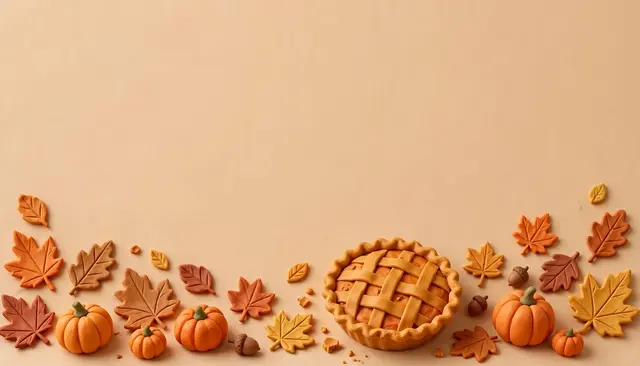 3D clay craft fall decor including pumpkins, pie and leaves arranged along the bottom of a warm beige empty background