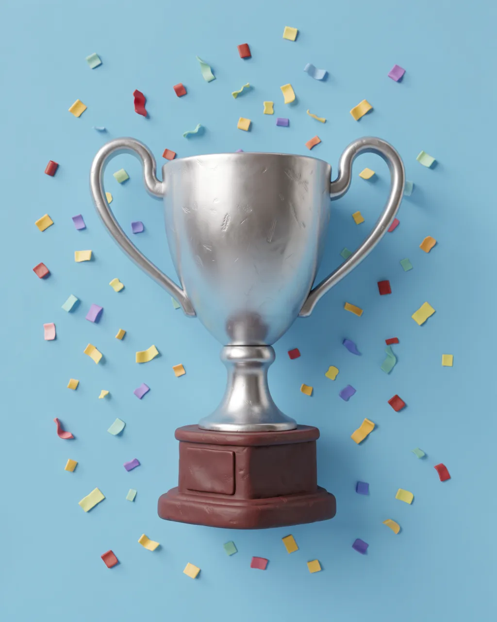 A 3D clay-rendered silver trophy cup surrounded by colorful confetti on a sky blue background
