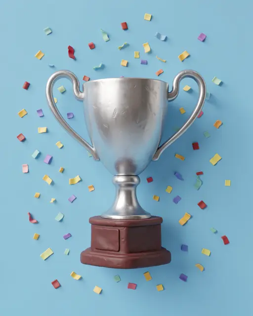 A 3D clay-rendered silver trophy cup surrounded by colorful confetti on a sky blue background