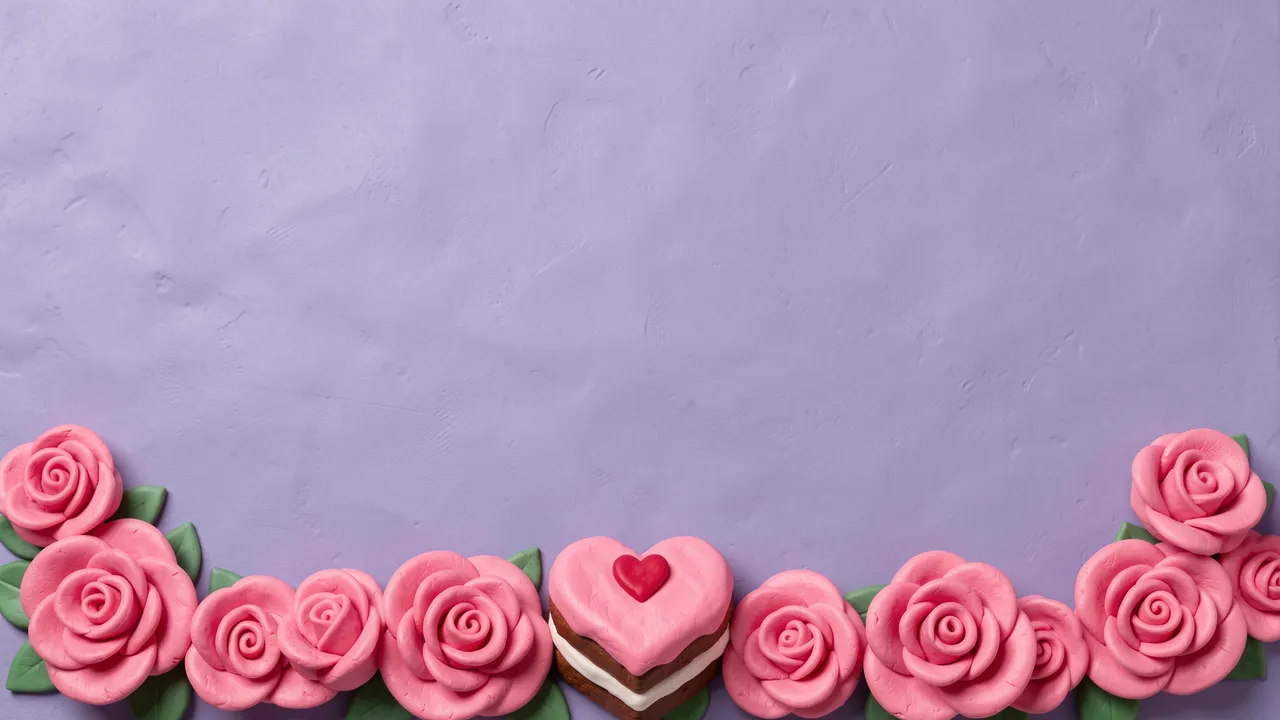Handmade clay pink roses and a heart-shaped cake line the bottom of a lilac textured background with empty copy space above.