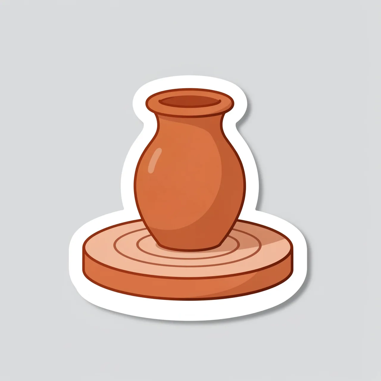 Flat illustration sticker of a terracotta clay vase on a pottery wheel with a thick white border on a light gray background