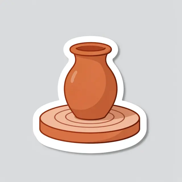Flat illustration sticker of a terracotta clay vase on a pottery wheel with a thick white border on a light gray background