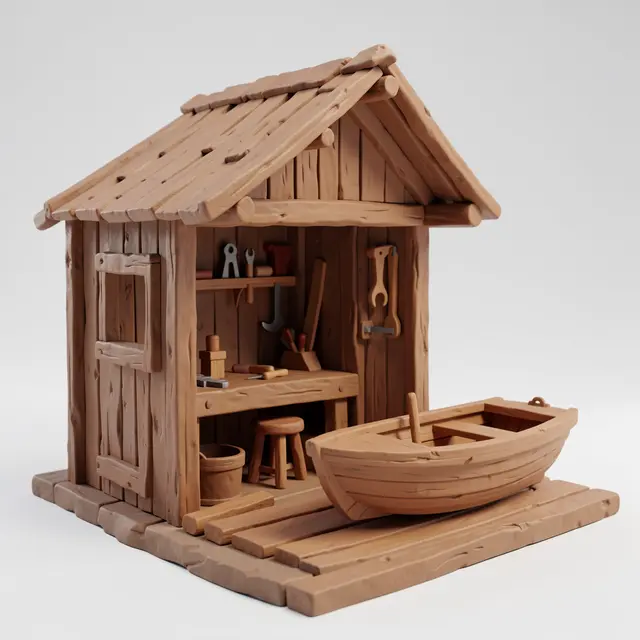 3D clay render of a tiny wooden woodworking shed with a workbench and toy boat on a plain light background