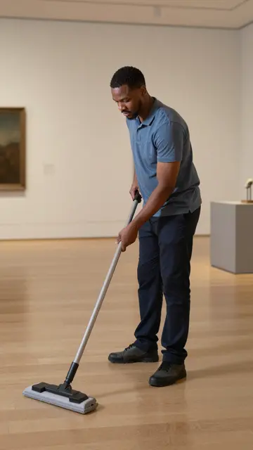 A man in his thirties mops the wooden floor of an empty museum gallery with a flat mop.