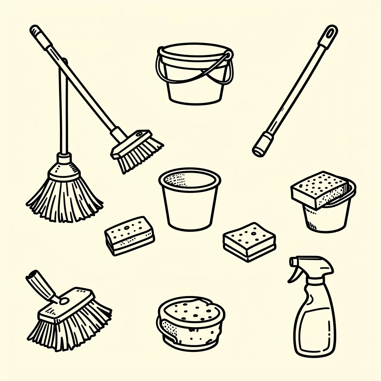 Loosely arranged black line doodle icons of cleaning supplies on a solid cream background