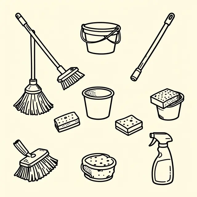 Loosely arranged black line doodle icons of cleaning supplies on a solid cream background