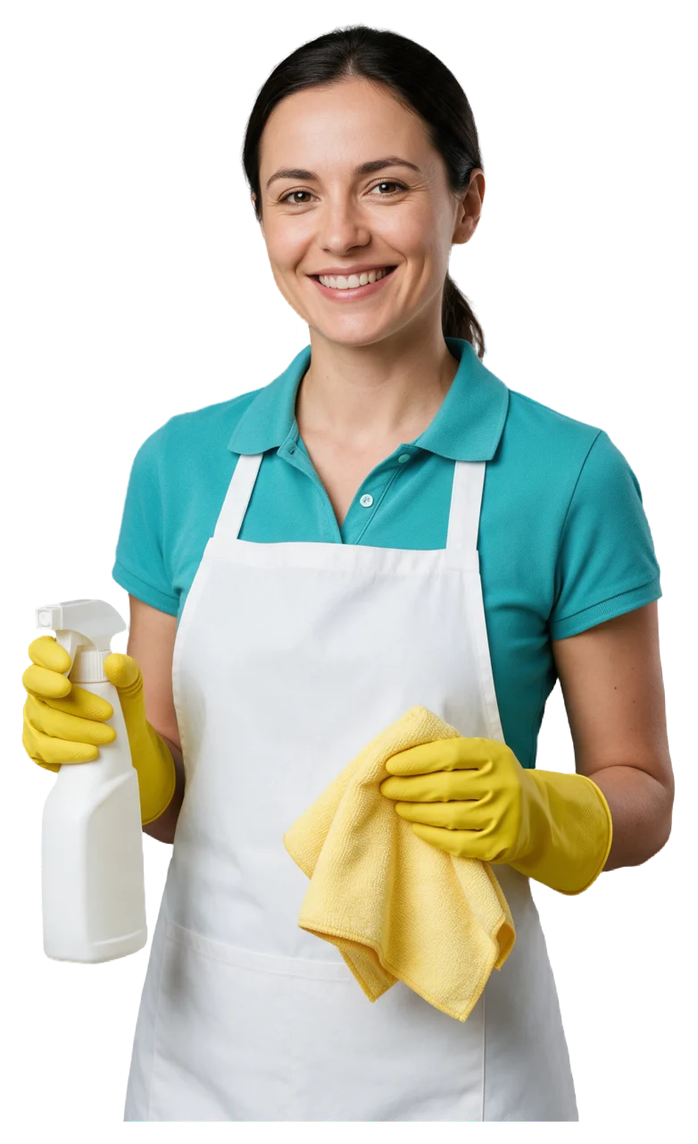 Smiling woman in a teal polo and apron holds a cleaning spray bottle and microfibre cloth