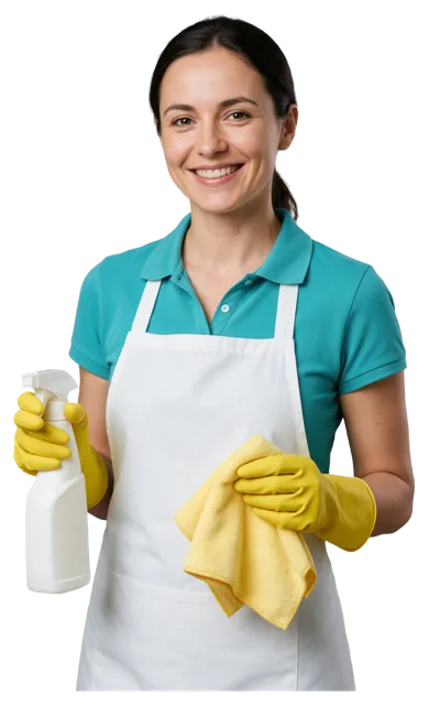 Smiling woman in a teal polo and apron holds a cleaning spray bottle and microfibre cloth