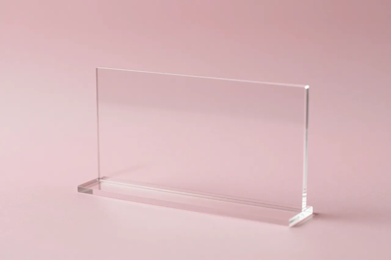 A clear rectangular acrylic display stand sits on a smooth pale pink backdrop with soft light refraction.