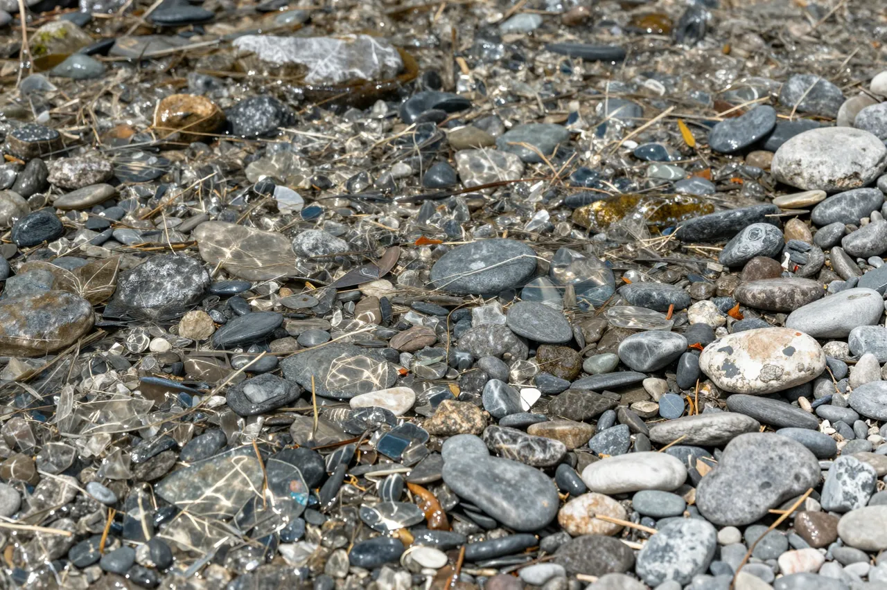 Crystal clear shallow mountain stream water flows over smooth varied pebbles and small dry twigs.
