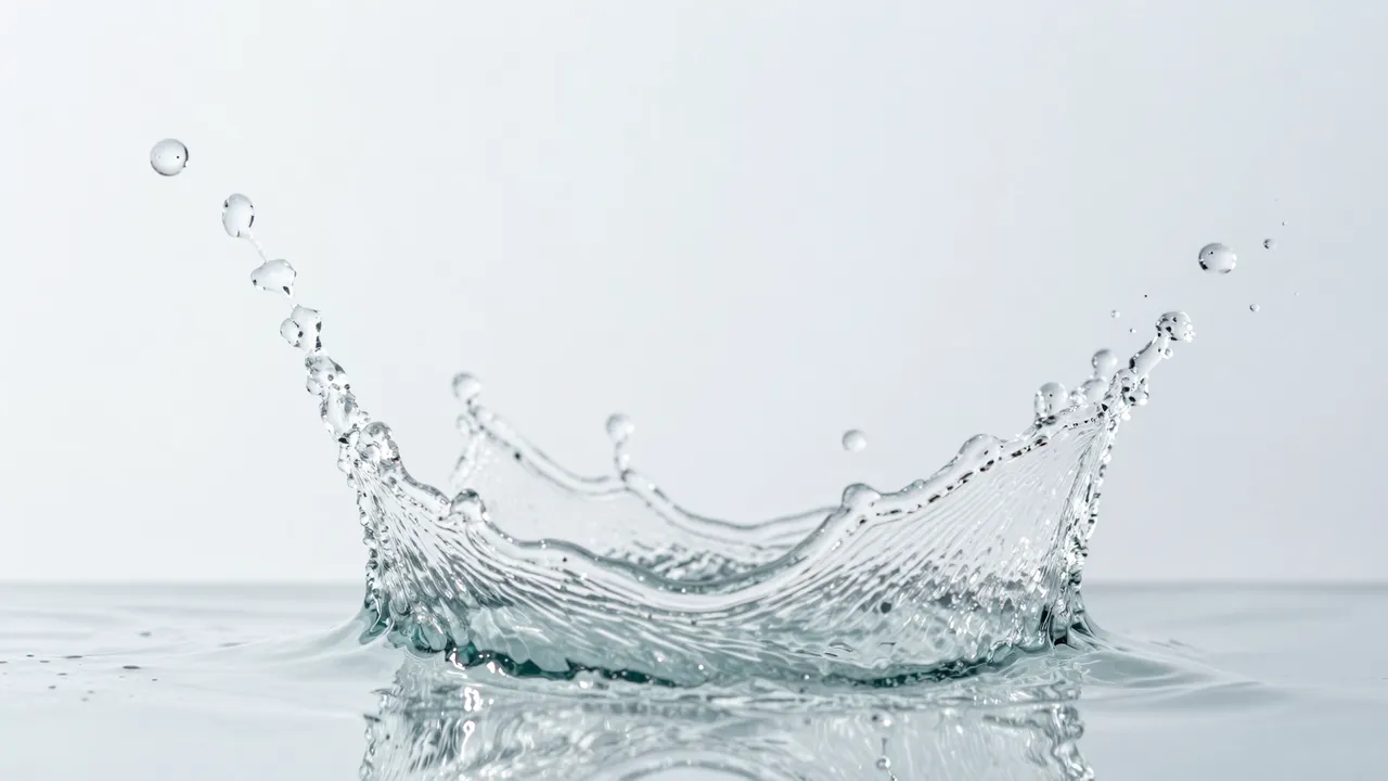 A crown-shaped clear water splash captured mid-motion above a reflective surface on a plain white background