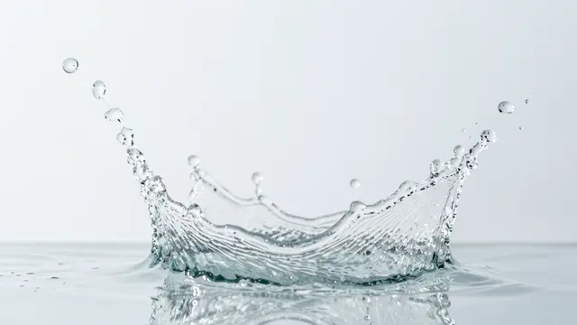 A crown-shaped clear water splash captured mid-motion above a reflective surface on a plain white background