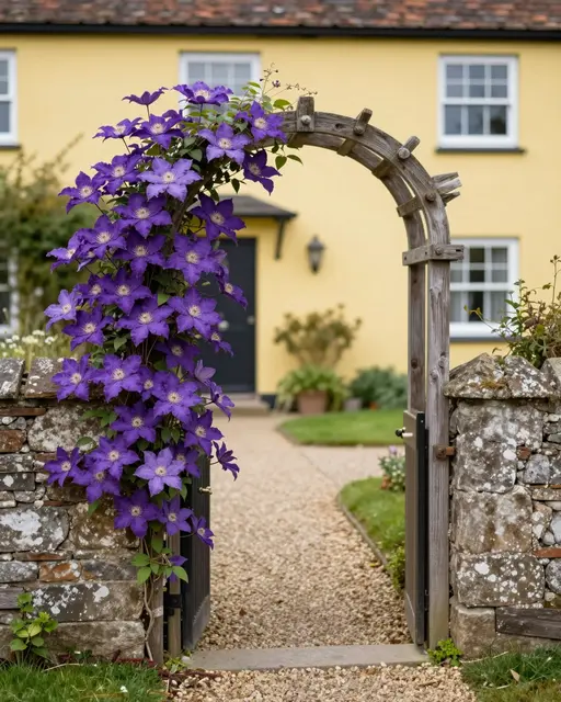 Wooden arbor gate draped in purple clematis frames a gravel path leading to a pale yellow cottage.
