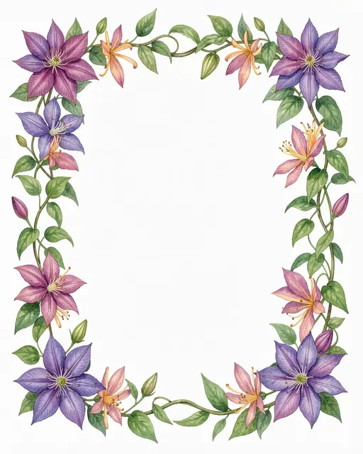 A delicate watercolor frame of clematis and honeysuckle vines surrounds an empty white central area