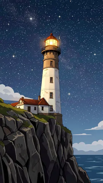 A lit lighthouse sits atop a rocky cliff overlooking the ocean under a bright starry night sky