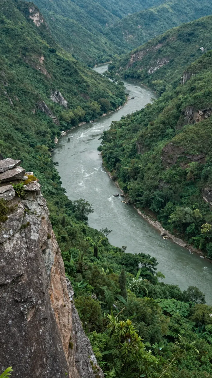 High angle view from a rocky cliff edge of a winding river cutting through a lush green mountain valley