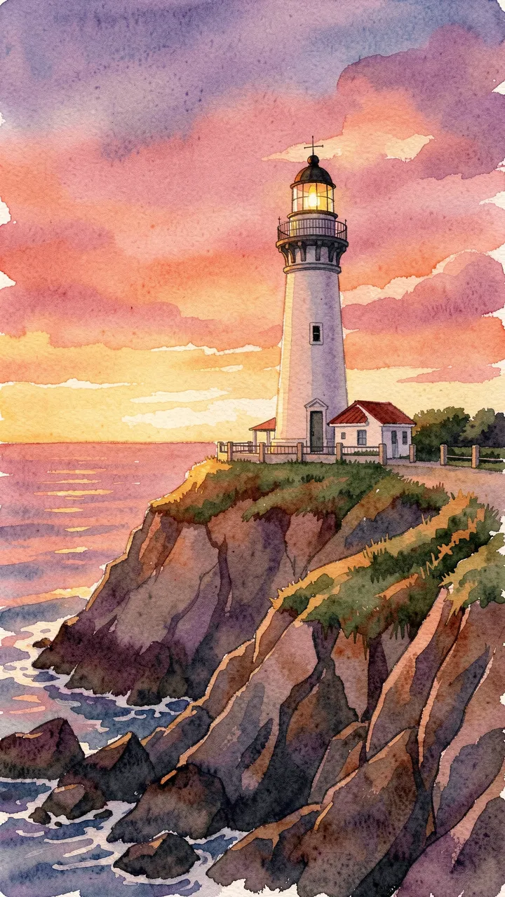 Watercolor illustration of a white lighthouse on a rocky coastal cliff at colorful sunset over the ocean
