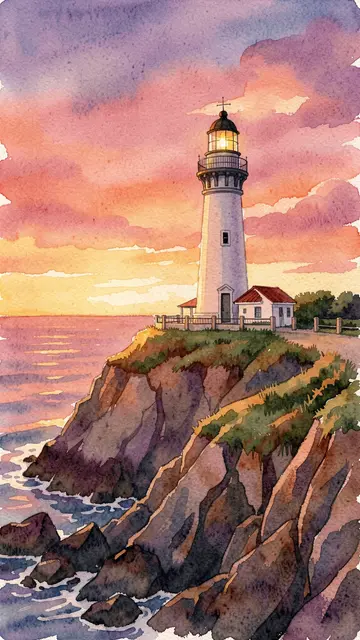 Watercolor illustration of a white lighthouse on a rocky coastal cliff at colorful sunset over the ocean