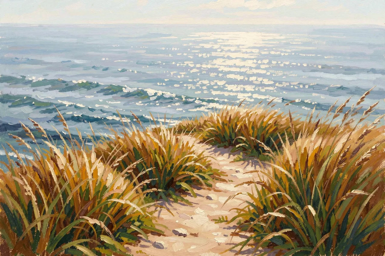 Impressionist oil painting of a sandy clifftop path through tall grass above a glinting sunlit sea