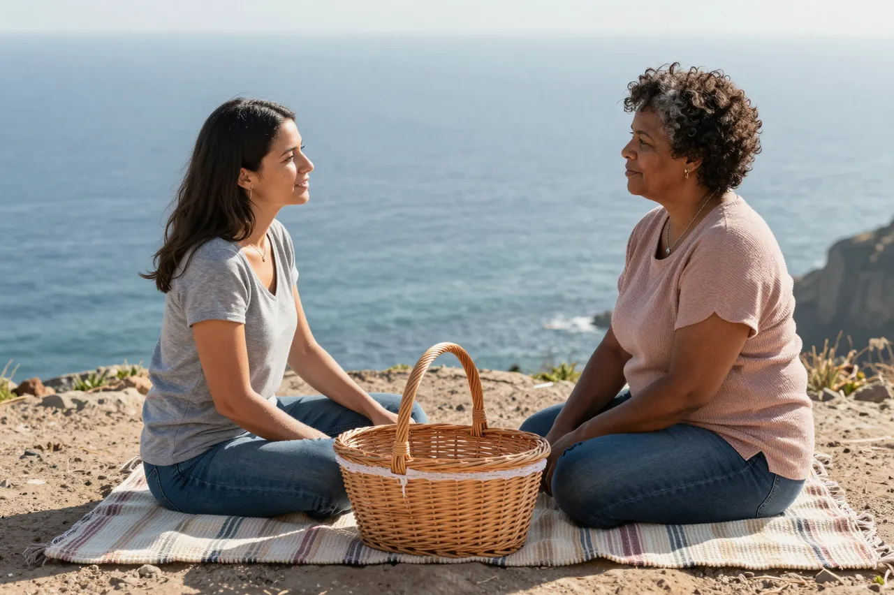 Two women sit facing each other on a striped picnic blanket with a wicker basket between them overlooking the ocean