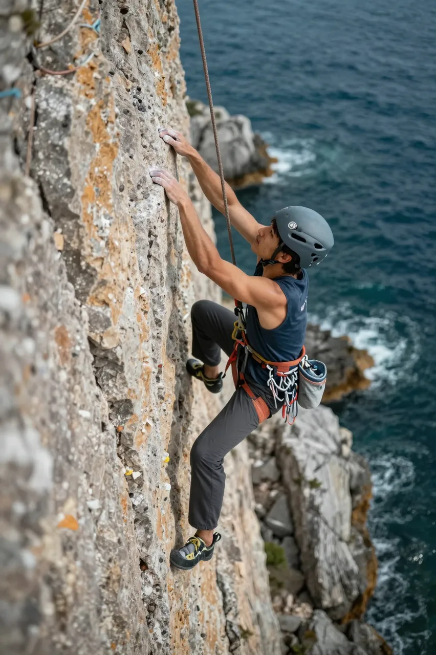 A male rock climber wearing a helmet ascends a steep ocean-side rock face above crashing sea waves.