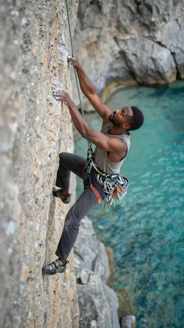 A Black man in his thirties lead climbs a chalked limestone cliff above clear turquoise coastal water.