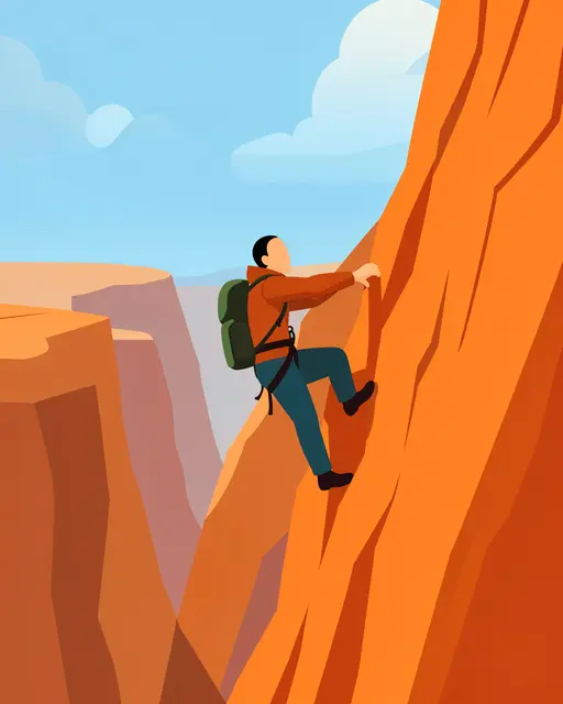 Faceless rock climber ascends a steep orange cliff above a deep canyon under a pale blue sky