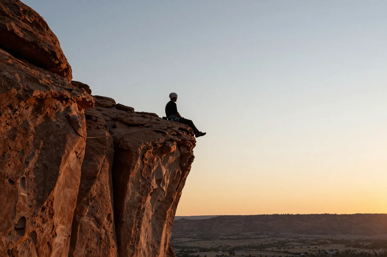 Silhouetted climber sits resting on a sandstone cliff edge overlooking a valley at sunset