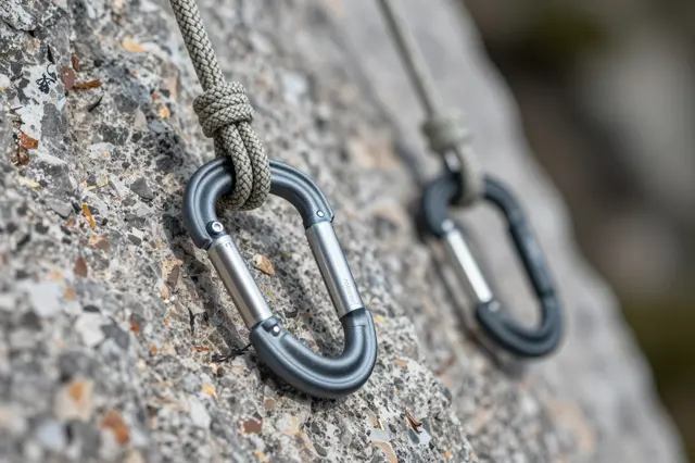 Close-up of climbing rope tied to aluminum carabiners resting on a rough rocky surface