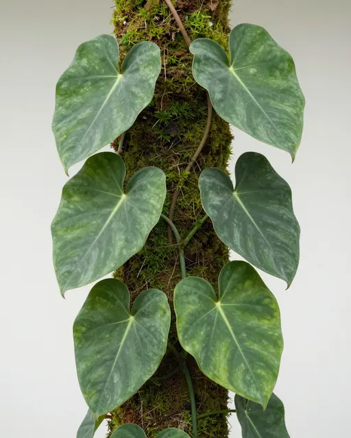 Heart-shaped philodendron leaves grow from a plant climbing a vertical moss pole against a plain light background