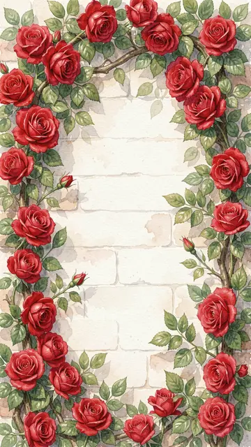 Watercolor illustration of red climbing roses framing empty space on a brick garden wall