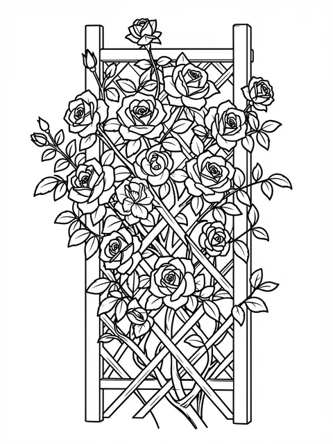 Bold black and white line art of a climbing rose bush growing on a garden lattice trellis