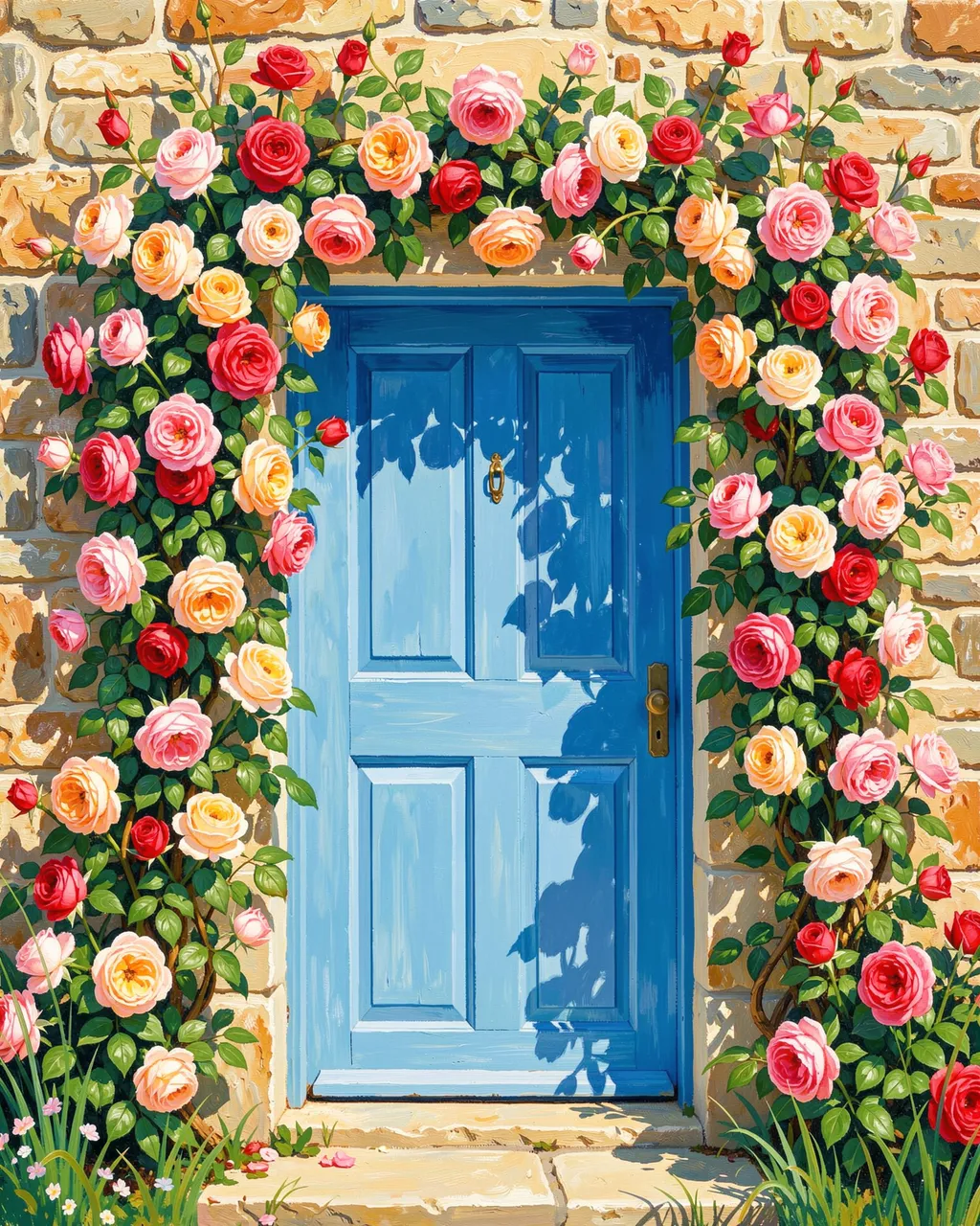 Gouache illustration of climbing multicolor roses framing a bright blue stone cottage door in summer sunlight