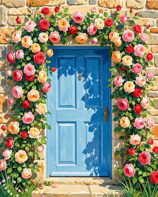 Gouache illustration of climbing multicolor roses framing a bright blue stone cottage door in summer sunlight