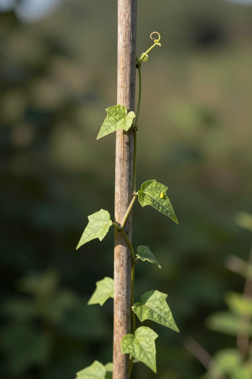 A young climbing vine curls upward along a wooden stake toward sunlight, with curled tendrils and fresh green leaves.