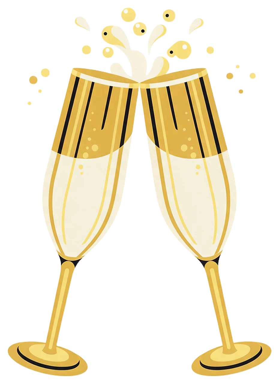 Two decorated champagne flutes clink together with bubbly splashes rising above the rims