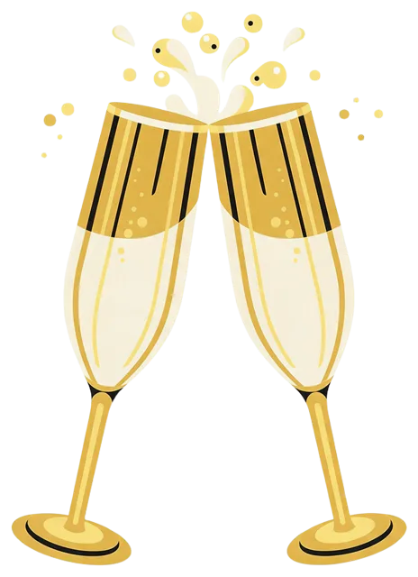 Two decorated champagne flutes clink together with bubbly splashes rising above the rims