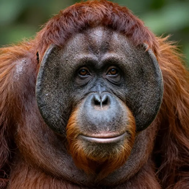 A close-up portrait of an adult male orangutan with wide cheek pads looking calmly at the camera