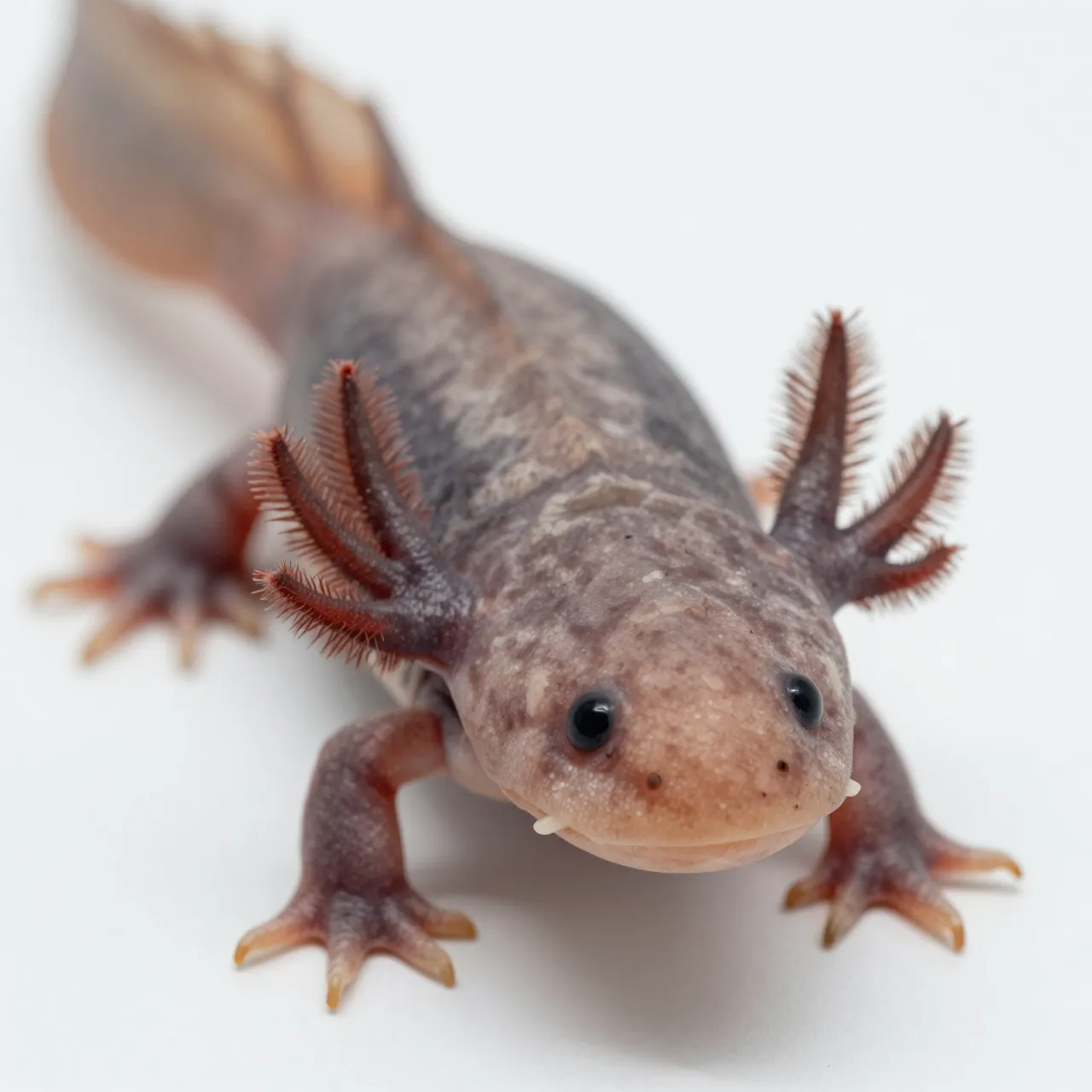 Close-up view of a feathery-gilled axolotl positioned on a plain bright white background.