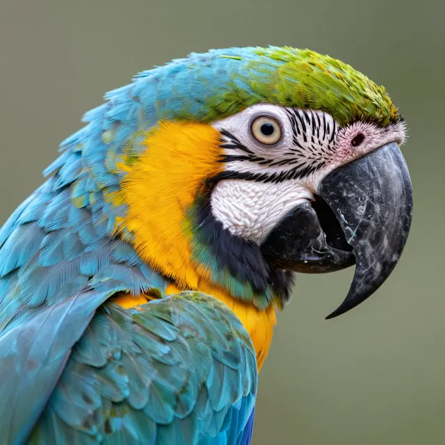 A tight close-up portrait of a blue-and-yellow macaw showing its detailed feathers and eye against a soft blurred background.