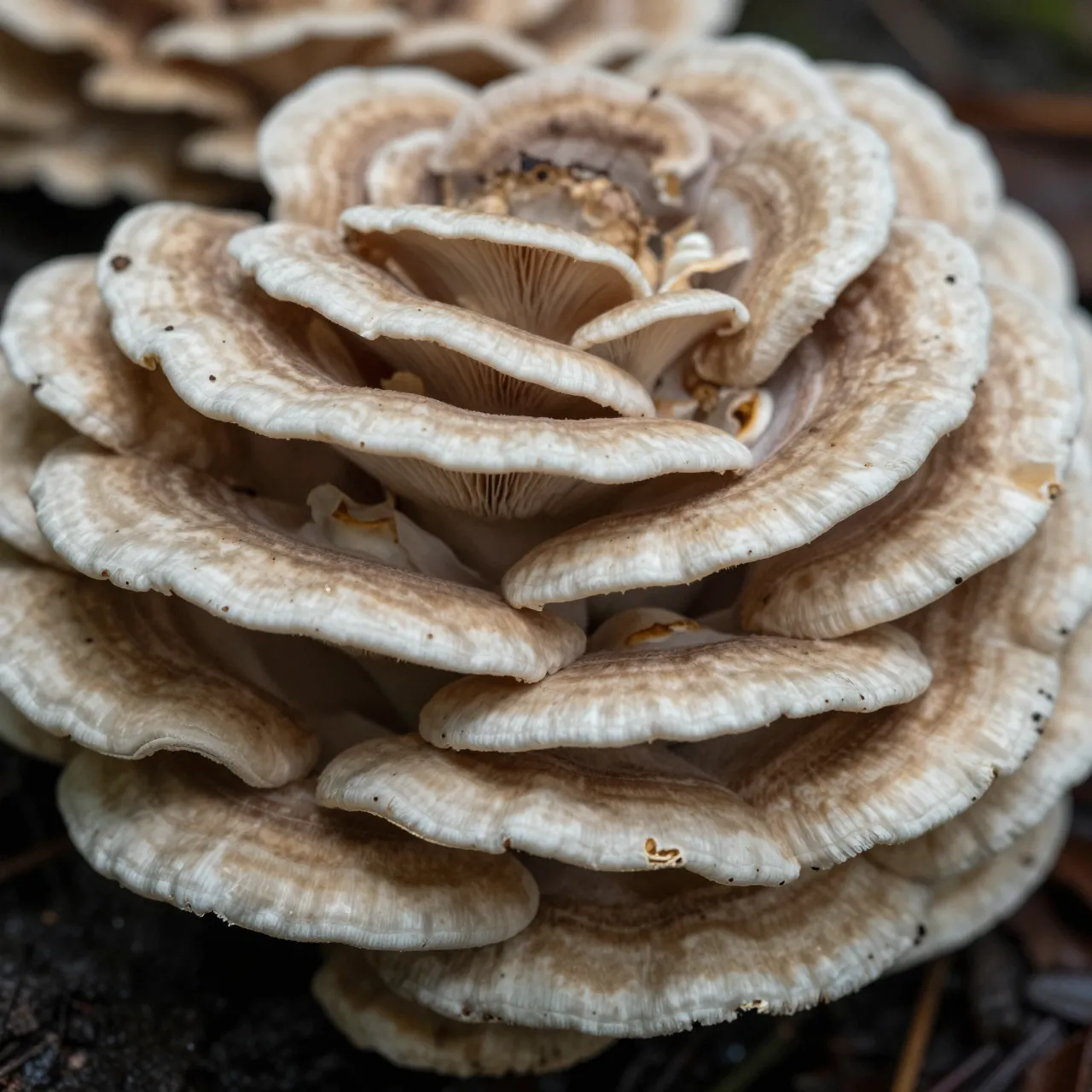 Layered brown and cream bracket fungus growing on dark forest floor in sharp close-up