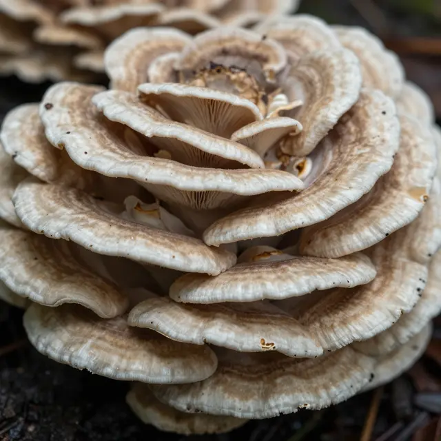 Layered brown and cream bracket fungus growing on dark forest floor in sharp close-up