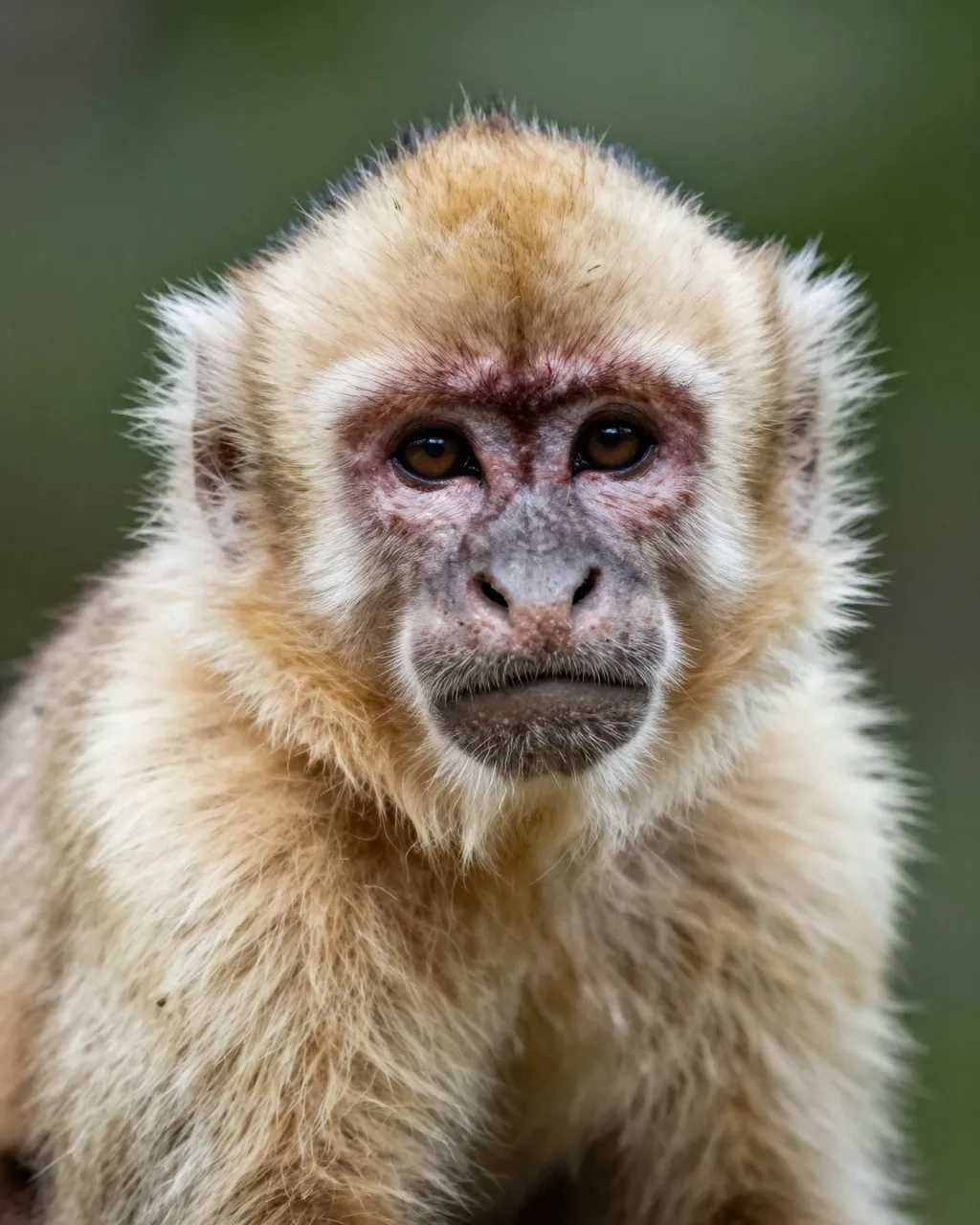 A close-up portrait of a capuchin monkey looking directly at the camera against a soft green blurred background
